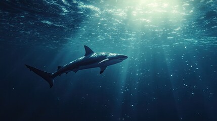 Fototapeta premium A solitary blue shark swimming effortlessly in the open ocean