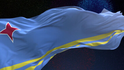 Aruba flag - Waving flag on celebrating fireworks for national holiday day. Ceremony for patriotic celebration of nation 
