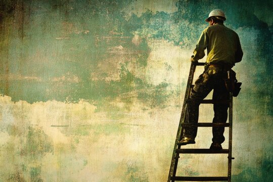 A person on the top rung of a ladder, possibly performing maintenance or inspection