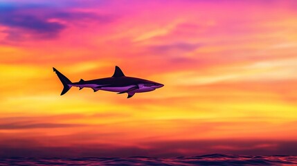 A stunning blacktip shark silhouetted against a colorful sunset
