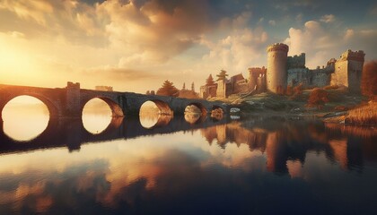 Fototapeta premium Castillo medieval en ruinas en un dia nublado, junto a un rio y un puente