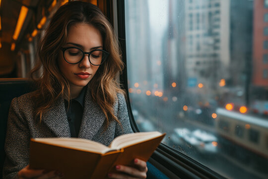 Woman sitting by window holding open book on train in natural light.