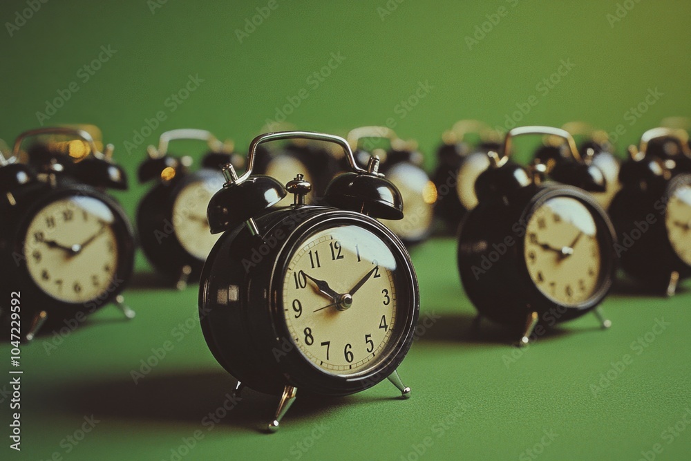 Wall mural a collection of black alarm clocks sitting on a green surface, perfect for use in illustrations, des