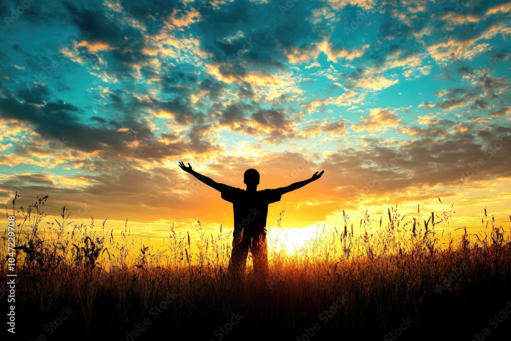Poster a person standing in a grassy field during golden hour, ideal for use in editorial or commercial pro