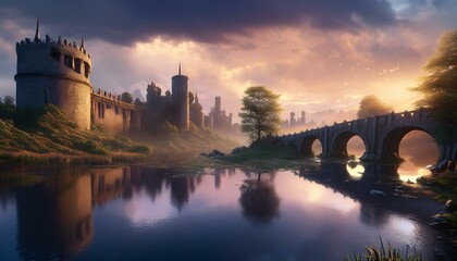 Castillo medieval en ruinas en un dia nublado, junto a un rio y un puente