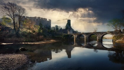 Castillo medieval en ruinas en un dia nublado, junto a un rio y un puente