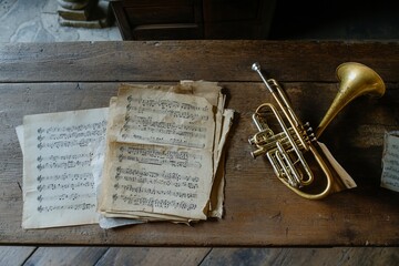 Trumpet and music sheets on wooden table, top view .generative ai