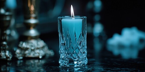 Burning Blue Candle in Crystal Glass on Dark Background   Home Decor  Relaxation  Luxury