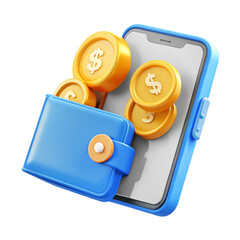 Digital wallet on smartphone cashback coins refund bonus discount  3d cartoon style illustration