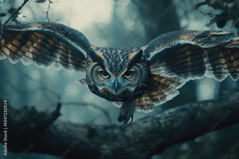 Poster a close-up shot of an owl flying over a tree branch, with the moon shining in the background