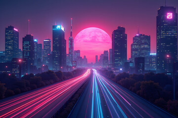 Fototapeta premium Vaporwave lights, neon pink and blue, retro city skyline