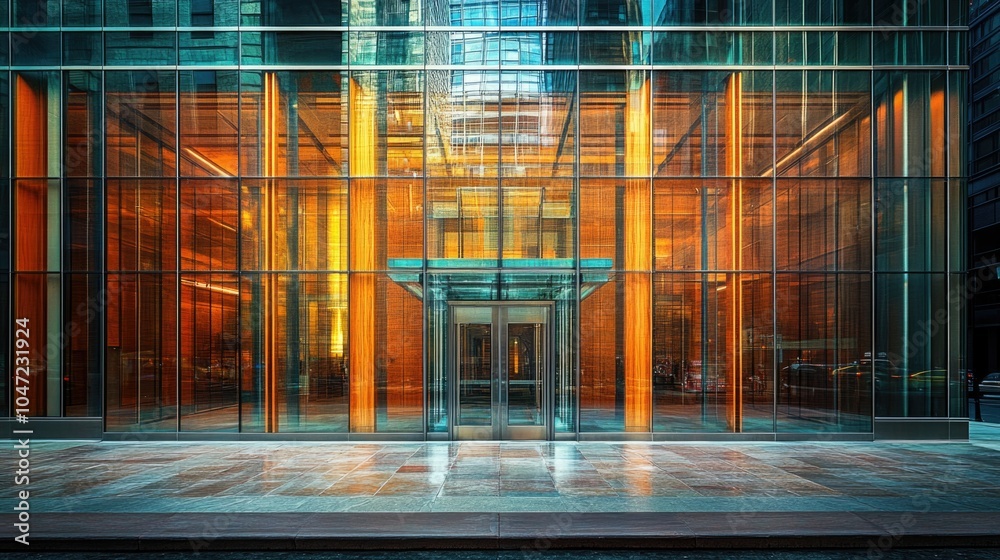 Poster a modern glass building with a clock tower on the front, suitable for use in urban planning, archite