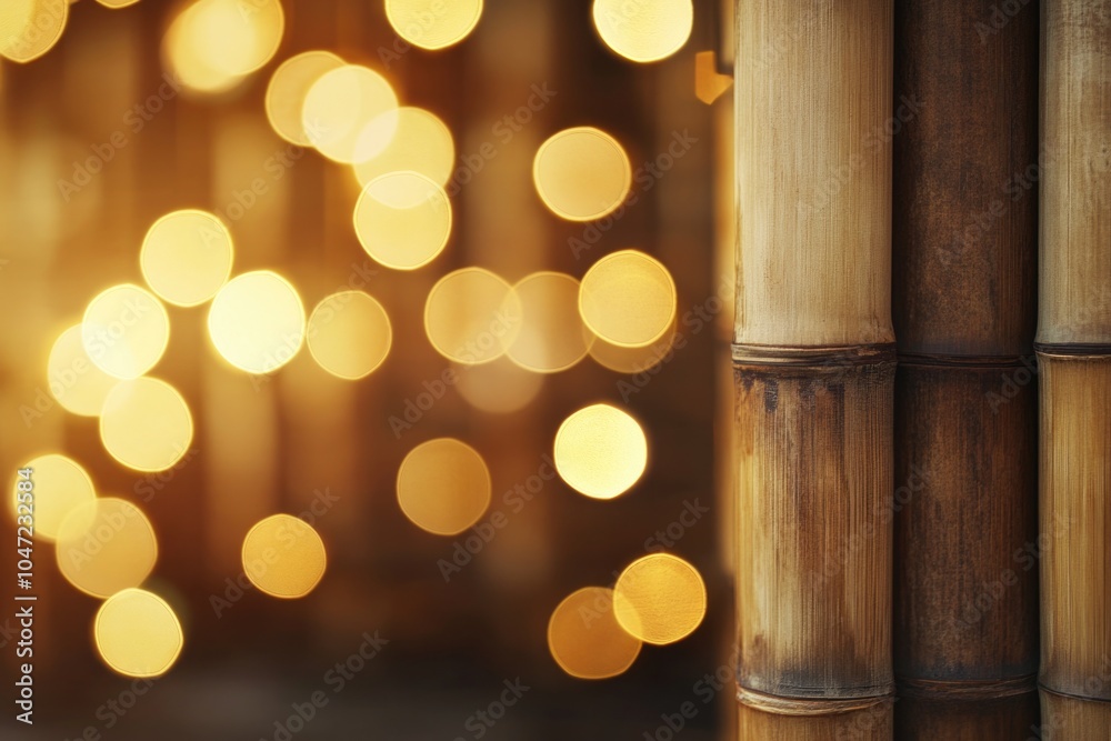 Poster close-up of a bamboo pole with decorative lights in the background, suitable for use in event or par