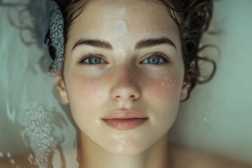 Naklejka premium Close-up of a woman's face with visible freckles, suitable for use in beauty or personal care advertising