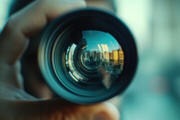 A person holding a camera and taking a photo, suitable for usage in tutorials or educational materials