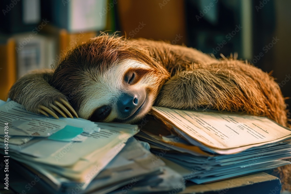 Poster A sloth resting on top of a stack of documents and papers, showcasing its slow-paced lifestyle