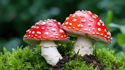 Red and White Toadstools in Mossy Forest   Nature Photography