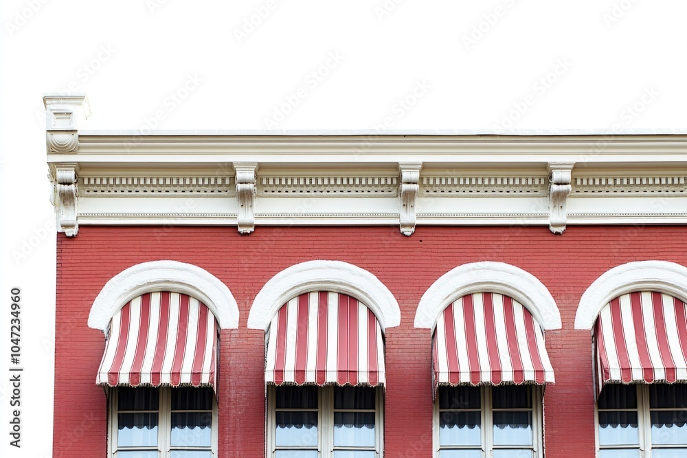 Poster A building with three windows and a clock on the front, red and white in color