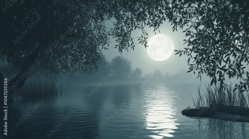 Poster Water under moonlight: A tranquil scene of water illuminated by the soft glow of the moon, creating a peaceful and slightly mystical atmosphere.