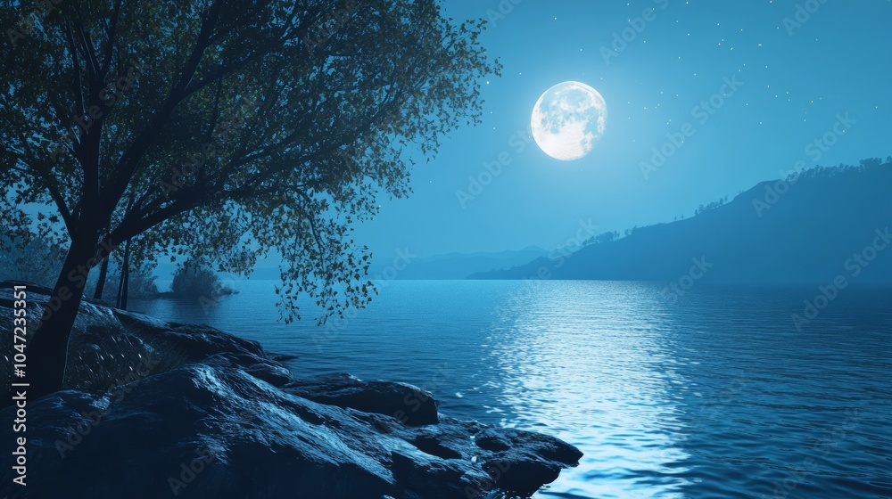 Poster water under moonlight: a tranquil scene of water illuminated by the soft glow of the moon, creating 