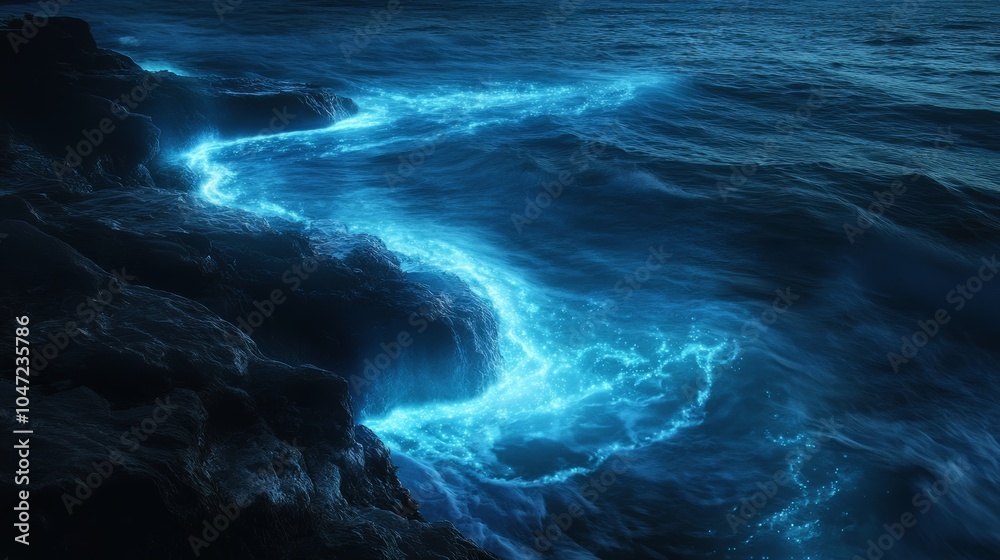 Poster water with bioluminescence: a scene where water glows with bioluminescent light, possibly in the oce