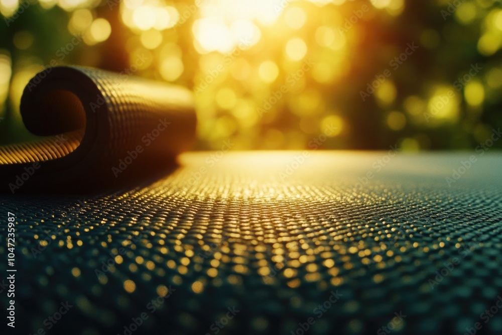 Poster a close-up shot of a yoga mat on a table, ideal for use in health and wellness related contexts