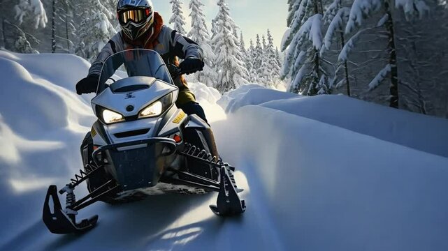 Man riding snowmobile on snowy forest trail