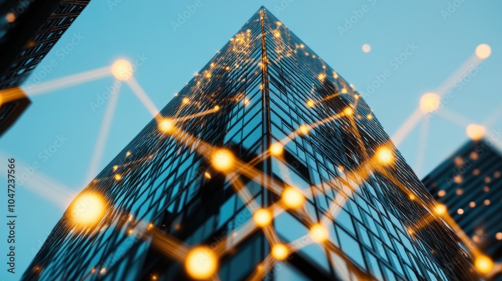 Poster a towering skyscraper with an intricate network of glowing lines, representing smart building techno