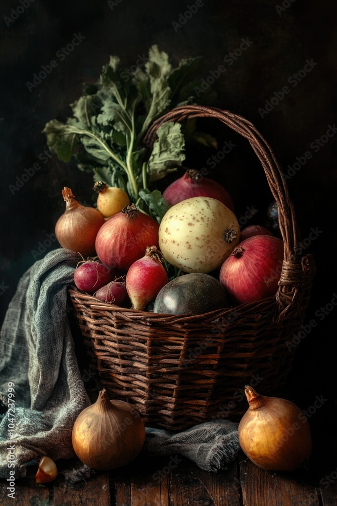 Poster basket filled with assorted vegetables for cooking or display