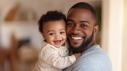 Happy African American father hugging his adorable newborn son at the park