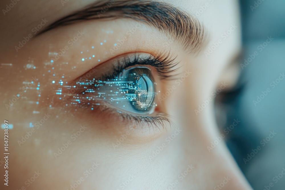 Poster A close-up view of an eye with a microchip implanted, suitable for futuristic or sci-fi themed illustrations