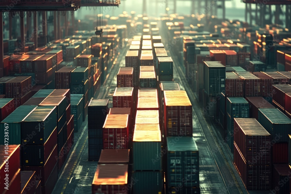 Poster A large stack of containers, possibly storage or shipping crates