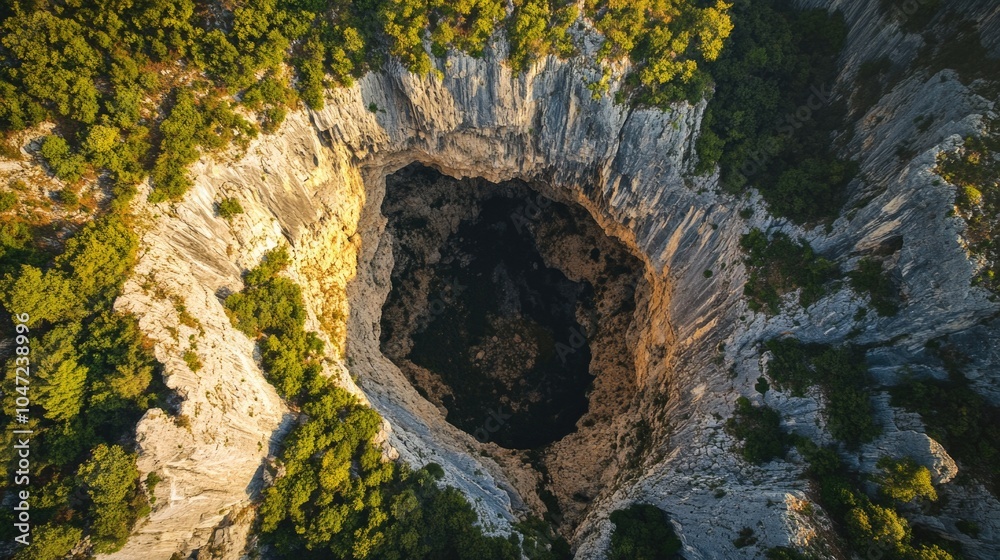 Poster aerial shot of a hole in the side of a mountain with surrounding landscape