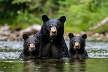 Three black bears stand together in shallow water, looking up at something