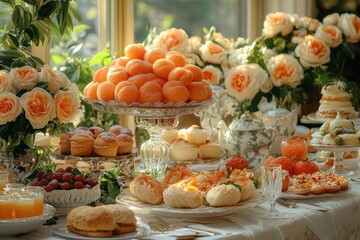 A beautifully arranged dessert table featuring fruits, pastries, and floral decorations.