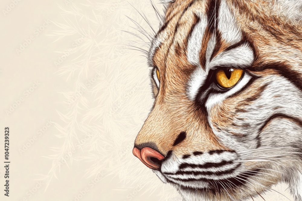 Poster a close-up view of a tiger's face against a plain white background, perfect for use in wildlife or a