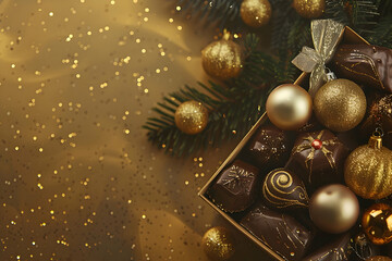 Handmade chocolate candy in a box on a beautiful golden background next to gift boxes, scattered confetti and Christmas decorations. Copy space. Top view.
