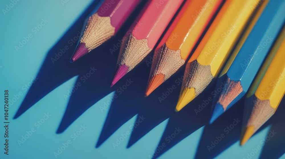 Poster a collection of brightly colored pencils arranged neatly next to each other, perfect for artistic in