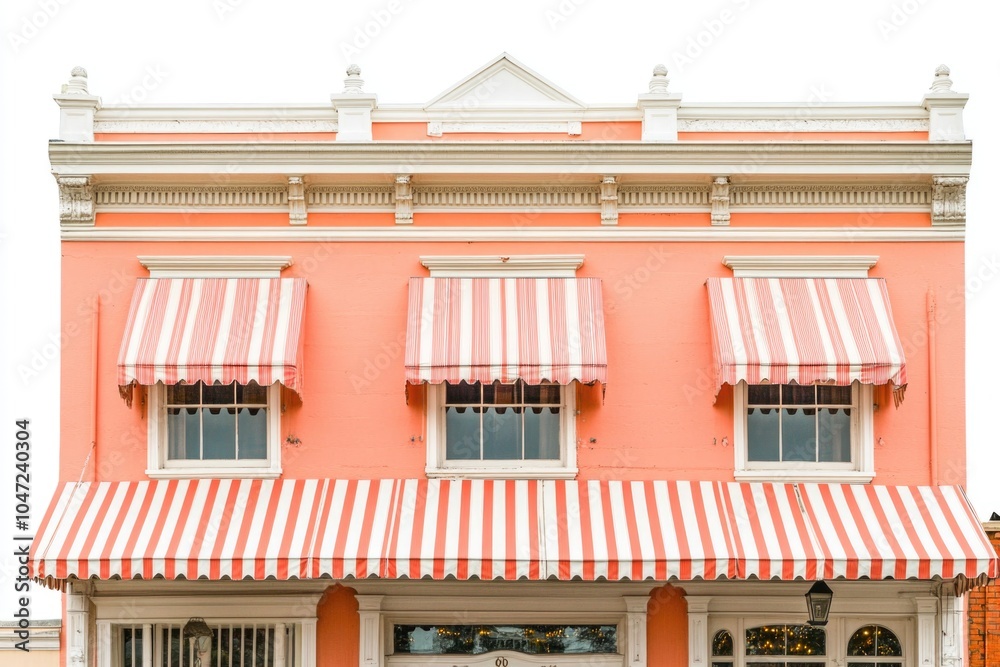 Aufkleber A red and white building with a red and white awning, suitable for use in architecture or design contexts