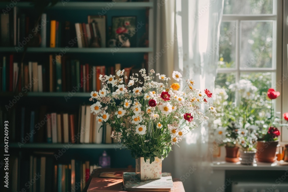 Poster a vase of flowers sits on a table in front of a window, providing natural light