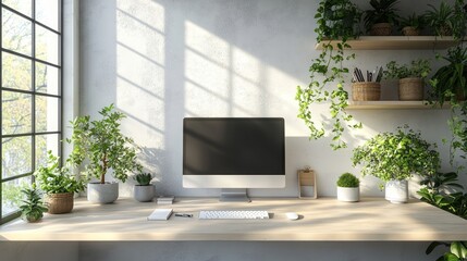 A serene workspace featuring a computer, plants, and natural light for productivity.