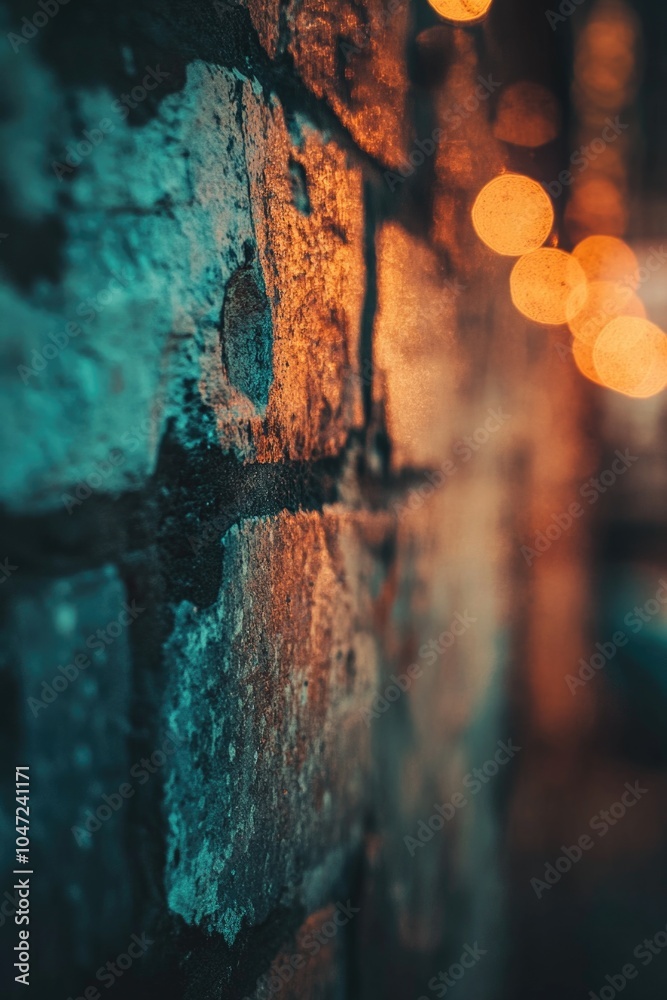 Poster a close-up shot of a brick wall with lights in the background, suitable for use in architectural or 