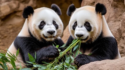 Fototapeta premium Pandas Enjoying Bamboo in a Zoo Setting