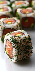 Delicious and colorful sushi rolls featuring fresh salmon and avocado, wrapped in rice and topped with vibrant green and orange sprinkles, ideal for a gourmet meal.