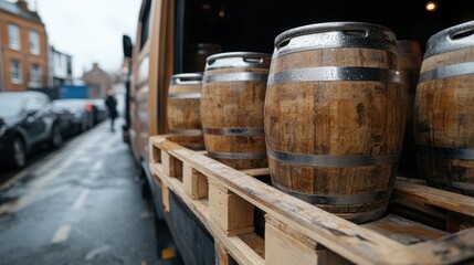 Fototapeta premium Beer Delivery Truck Unloading Wooden Barrels