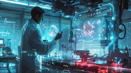A Scientist Interacting with Holographic Data in a Futuristic Laboratory