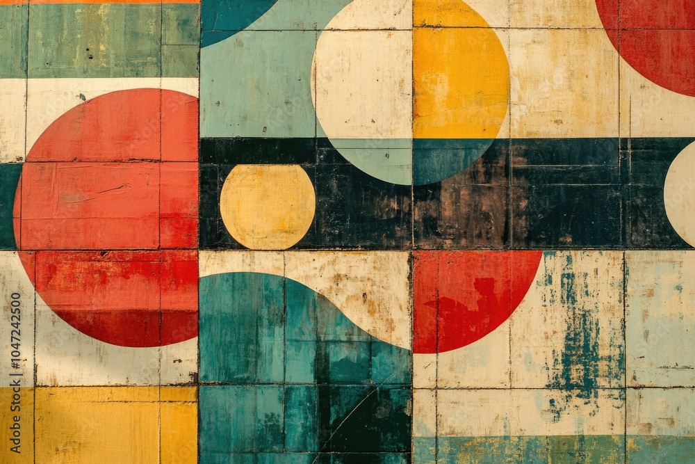 Poster Abstract geometric shapes on a wall, with circular patterns in various colors