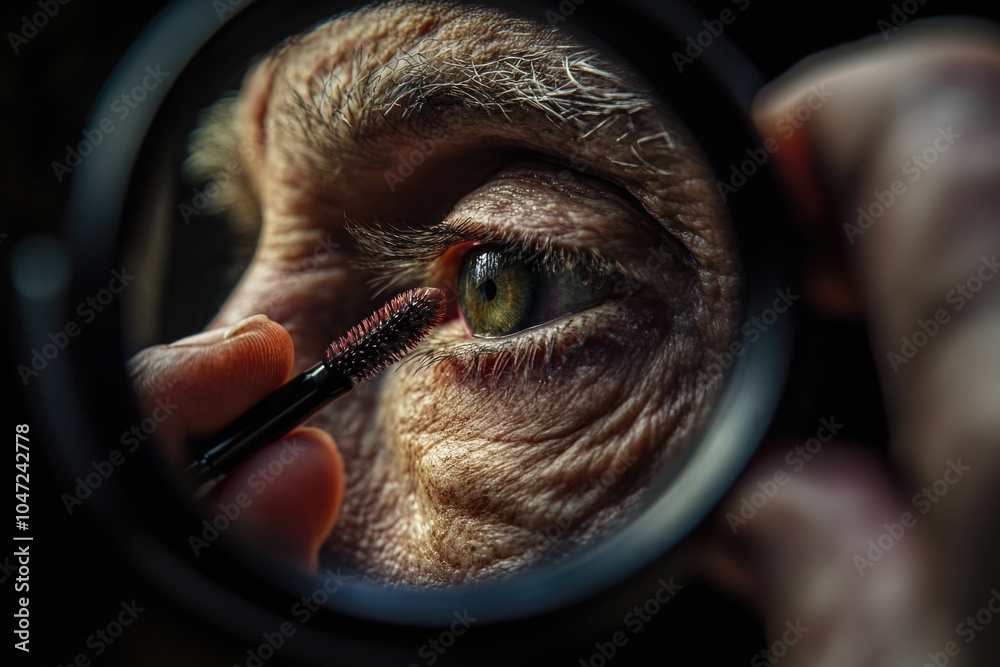 Poster a person examines something closely using a magnifying glass