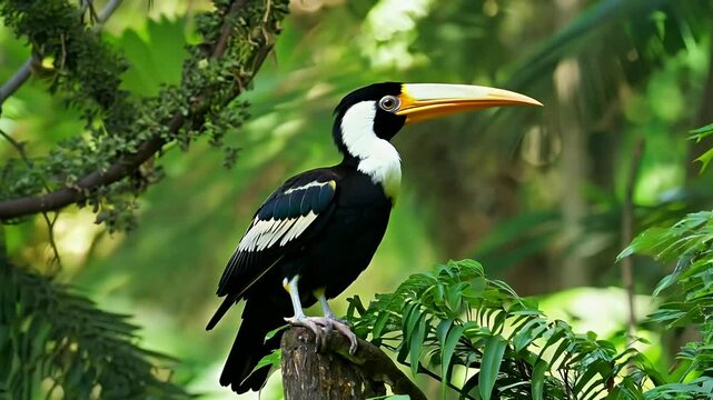 Observe unique striking Callao bird known twohorned Buceros bicornis perched tropical trees plants lush forests Southeast Asia environment siam background wild colourful nature close male beak eye