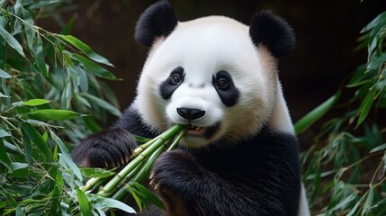 Fototapeta premium Happy Panda Eating Bamboo in the Zoo
